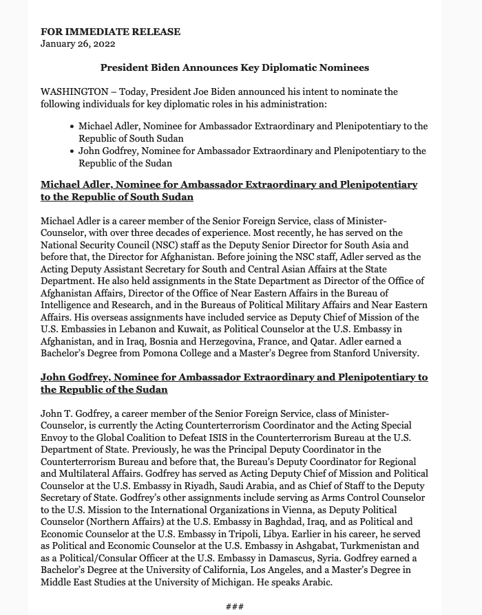 The White House announced Godfrey, the current acting counter-terrorism envoy at the State Department, to be ambassador to Sudan and Michael Adler to be ambassador to South Sudan