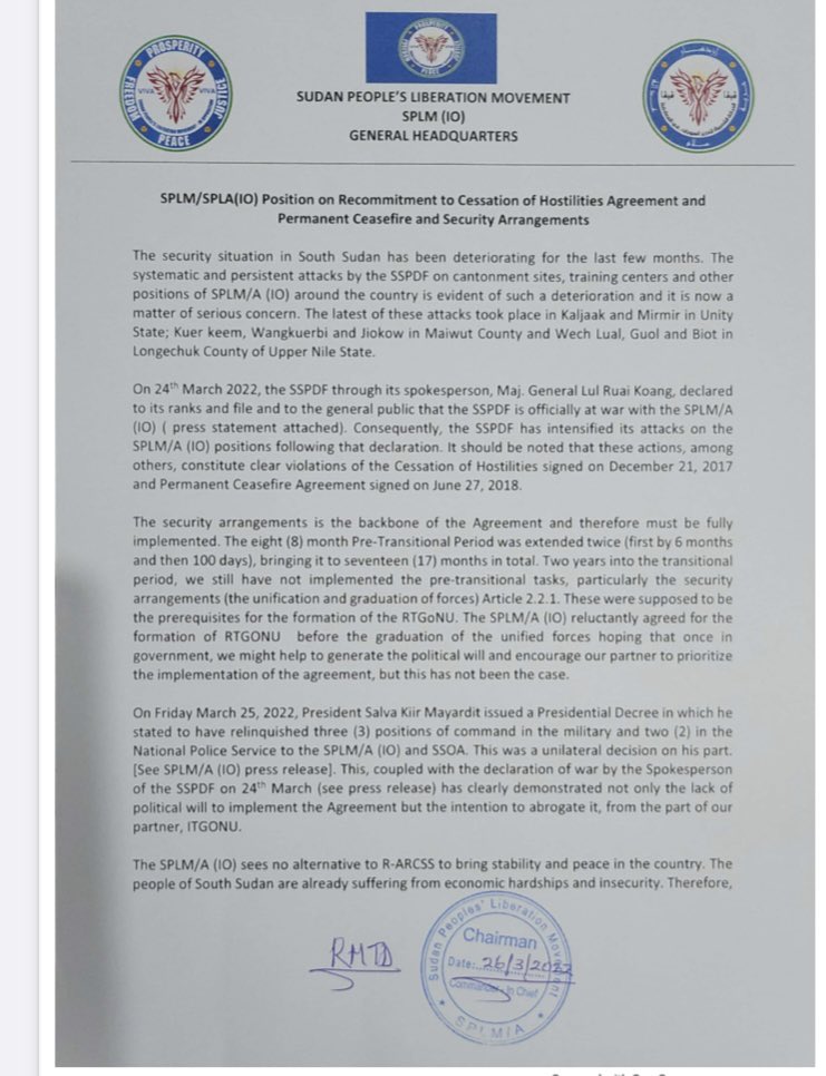 South Sudan. Tensions between the President Salva Kiir and First Vice President Riek Machar appear to be escalating. There has been recent fighting Unity & Upper Nile states. Machar says his forces were attacked. He has appealed to IGAD & guarantors to intervene