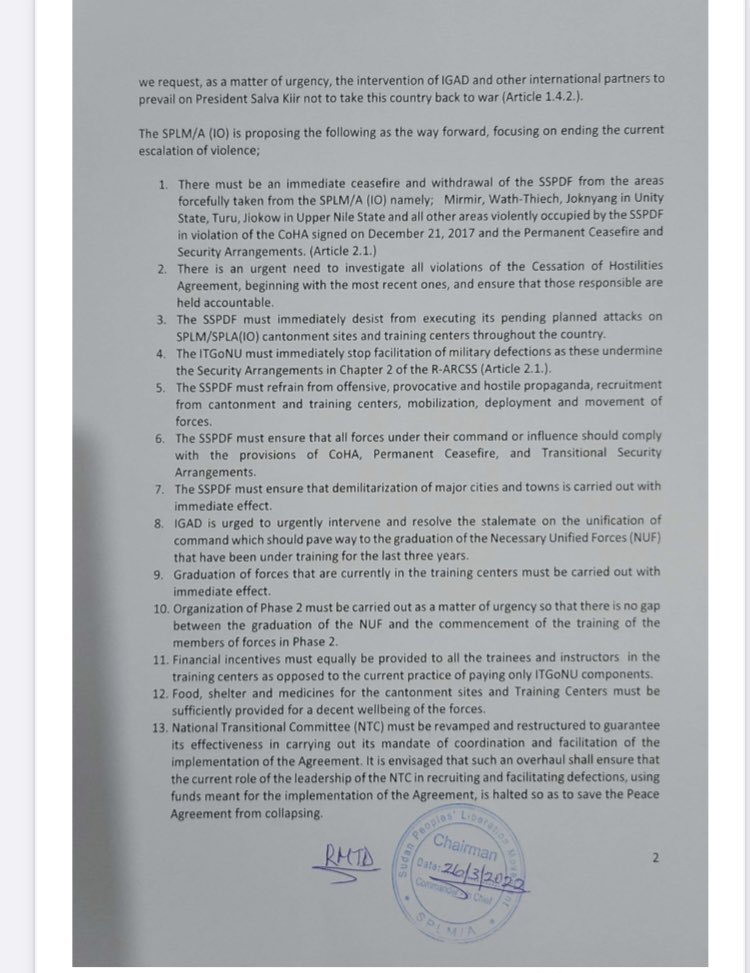 South Sudan. Tensions between the President Salva Kiir and First Vice President Riek Machar appear to be escalating. There has been recent fighting Unity & Upper Nile states. Machar says his forces were attacked. He has appealed to IGAD & guarantors to intervene