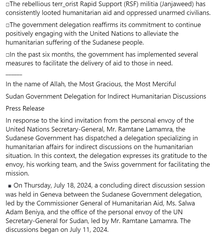 Sudan army delegation statement on Geneva negotiations. While the gov. is committed to facilitating humanitarian aid, it reiterated that the issue of protecting civilians belongs in the Jeddah platform (Jeddah Declaration for the Protection of Civilians, signed on May 11, 2023)