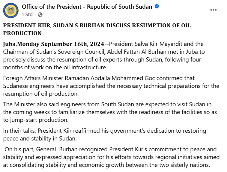 Güney Sudan Dışişleri Bakanı, Sufan mühendislerinin petrol üretiminin yeniden başlaması için gerekli teknik hazırlıkları tamamladığını doğruladı. South_Sudan'dan mühendislerin önümüzdeki haftalarda tesislerin hazır olup olmadığını öğrenmek için Sudan'ı ziyaret etmeleri bekleniyor