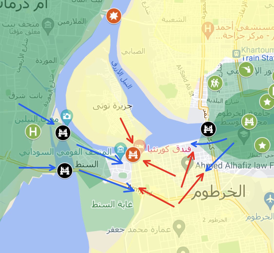 الخرطوم   الخرطوم-القوات المسلحة من امدرمان تدخل مدينة الخرطوم وتتقدم نحو السوق العربي وتسيطر على الجسور.-القوات المسلحة من القيادة العامة تتقدم نحو امدرمان