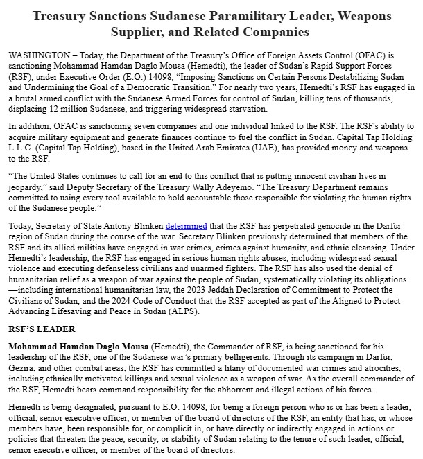 Le chef des sanctions américaines des Forces de soutien rapide du Soudan (RSF) @USTreasury accuse Mohammad Hamdan Daglo Mousa, alias Hemedti, de RSF, d'avoir commis  une litanie de crimes de guerre et d'atrocités documentées, y compris des meurtres à motivation ethnique et des violences sexuelles comme arme de guerre