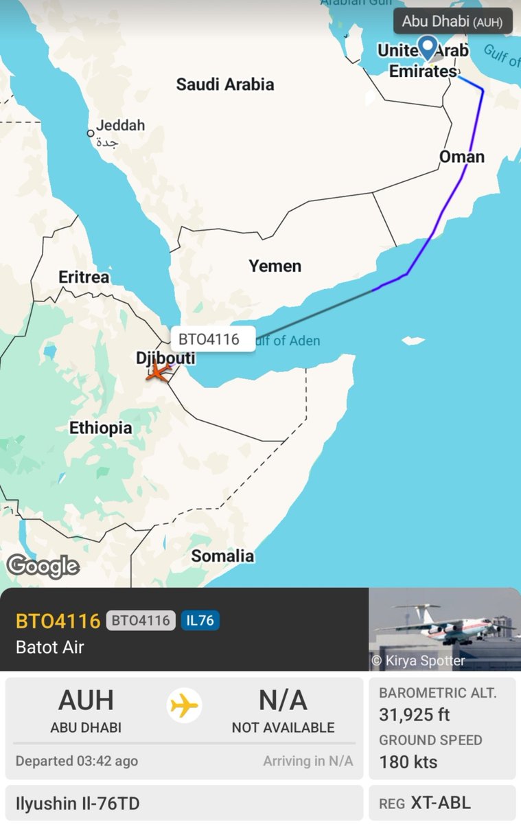 3 suspicious cargo aircraft spotted heading from the UAE towards East Africa, likely Ethiopia: - Vise Air Il-76TD 7Q-VZZ from Al Reef Airbase in Abu Dhabi; - Vise Air Il-76TD 7Q-VAF from Al Ain Airport; - Batot Air Il-76TD XT-ABL from Al Reef Airbase