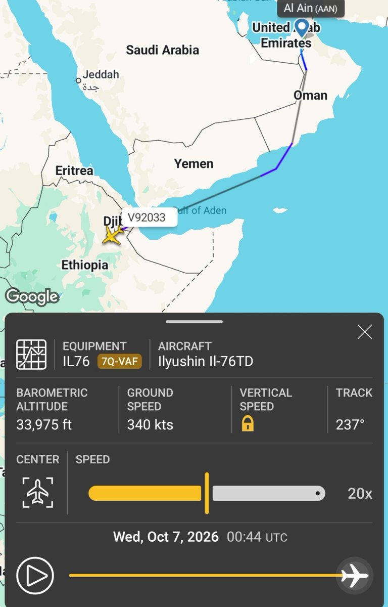 3 suspicious cargo aircraft spotted heading from the UAE towards East Africa, likely Ethiopia: - Vise Air Il-76TD 7Q-VZZ from Al Reef Airbase in Abu Dhabi; - Vise Air Il-76TD 7Q-VAF from Al Ain Airport; - Batot Air Il-76TD XT-ABL from Al Reef Airbase